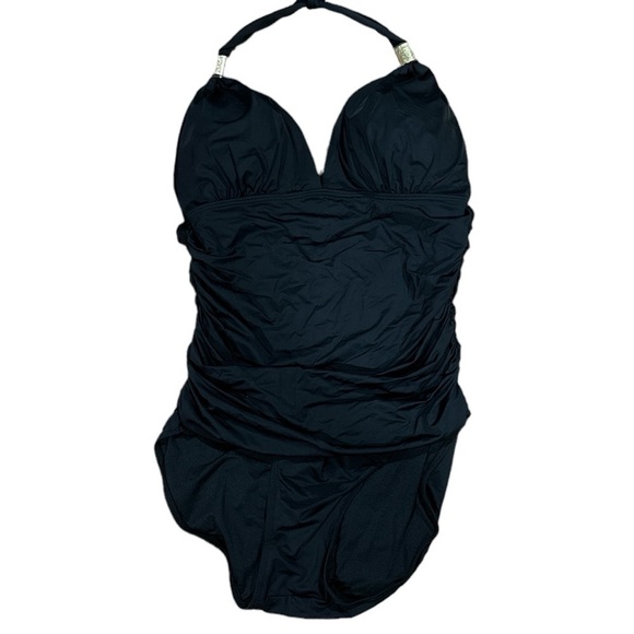 Ruched bathing suit one piece halter gold hardware large NEW no tags stretch - Picture 1 of 3